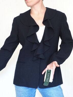 USA Vintage Lauren Ralph Lauren Navy Wool Blazer 8 Poet Ruffle Lapel All Season